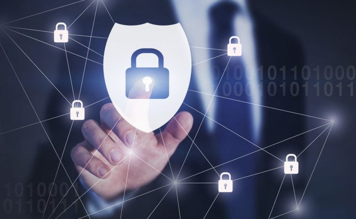 cybersecurity concept, cyber security shield button with padlocks on touch screen